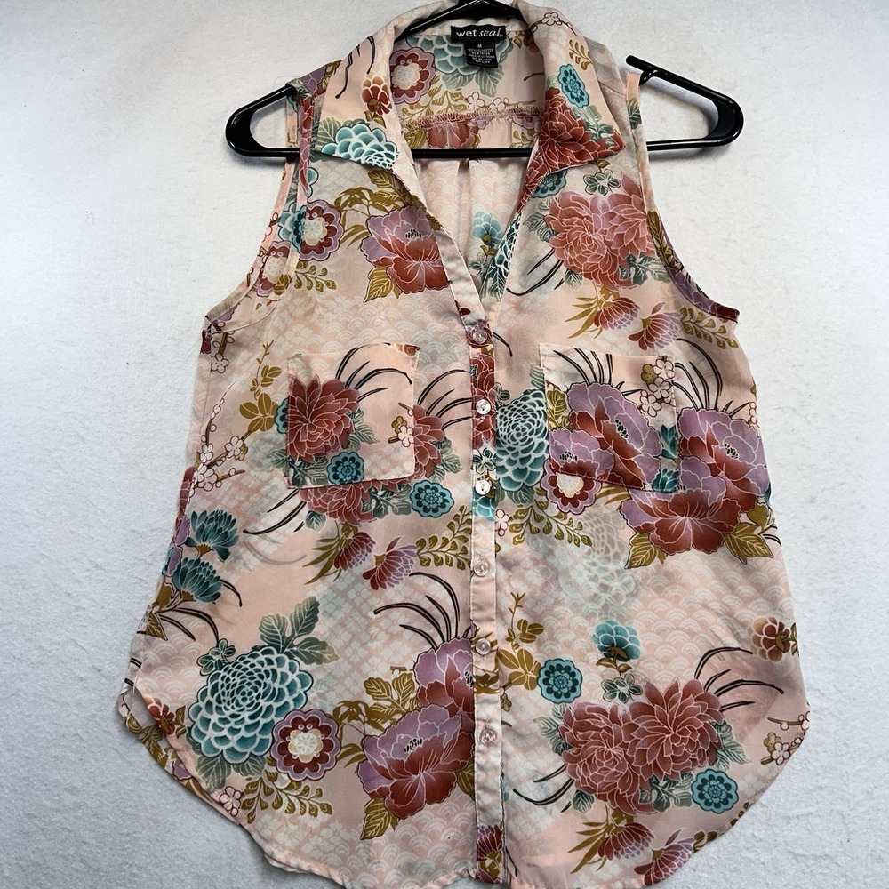 Wet Seal Sheer top Size M Floral Multicolor Button Sleeveless